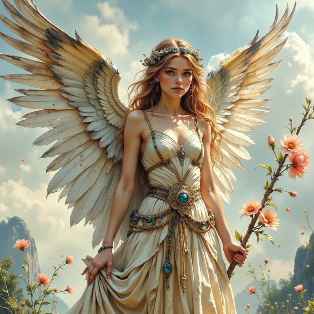 Modern Valkyrie with Feathered Wings, Painting Style