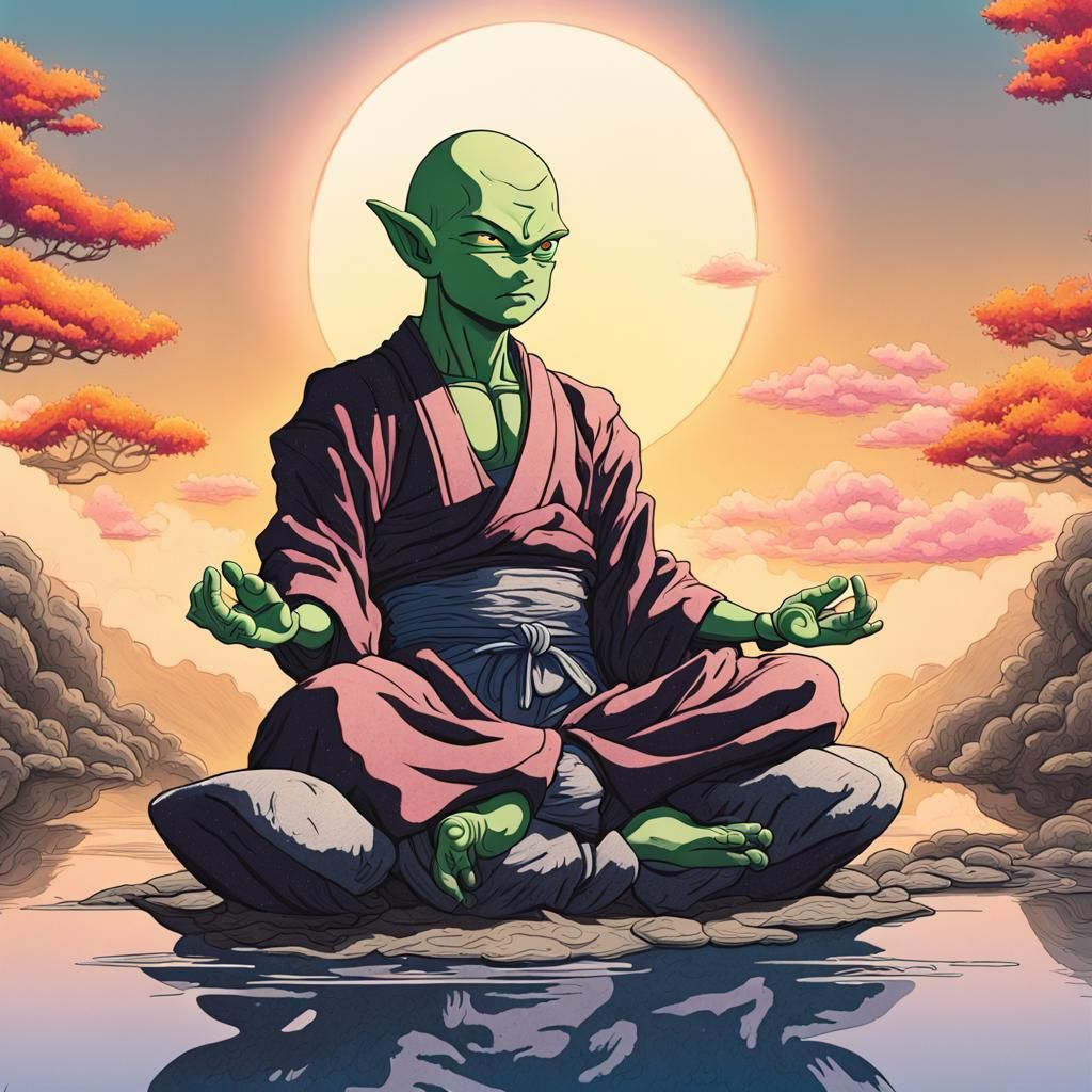 Piccolo Meditating: Japanese Ink Drawing with Sunset