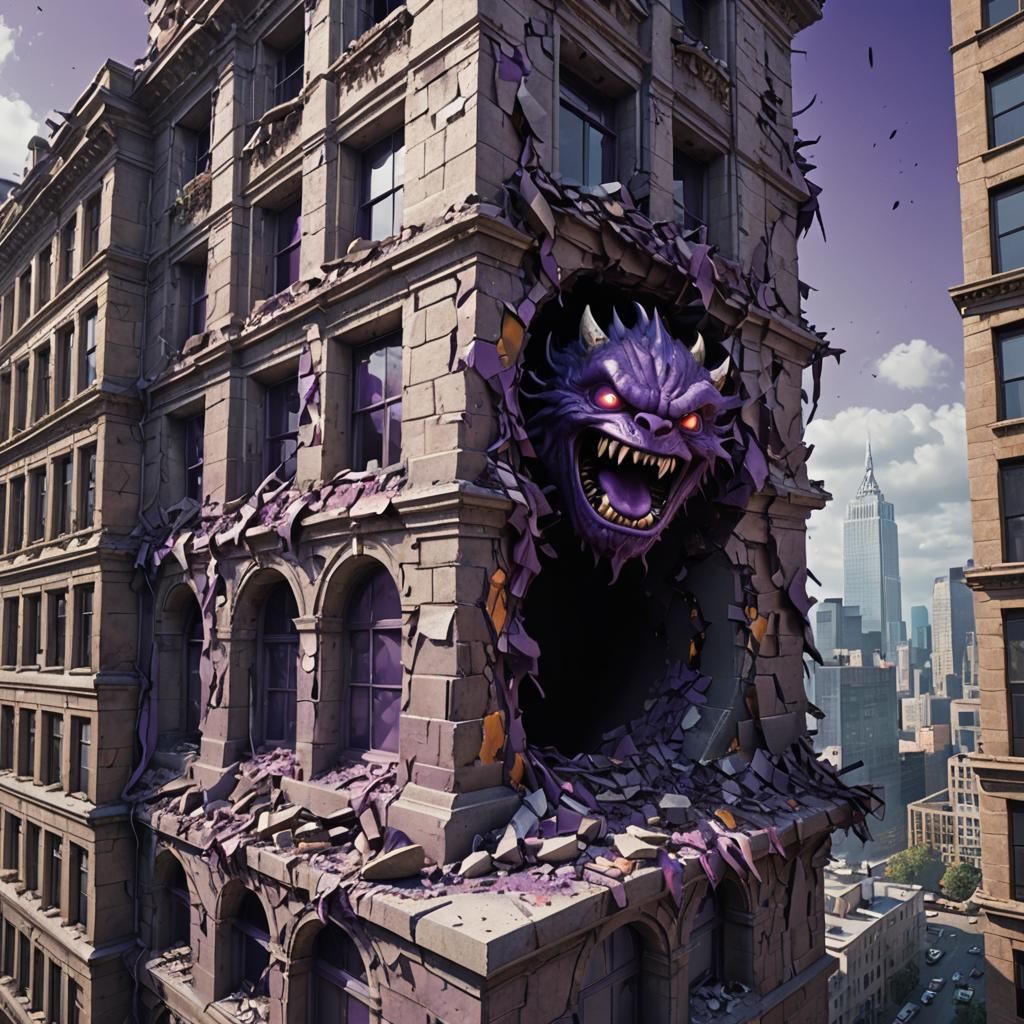 Purple Monster Smashes Skyscraper Wall