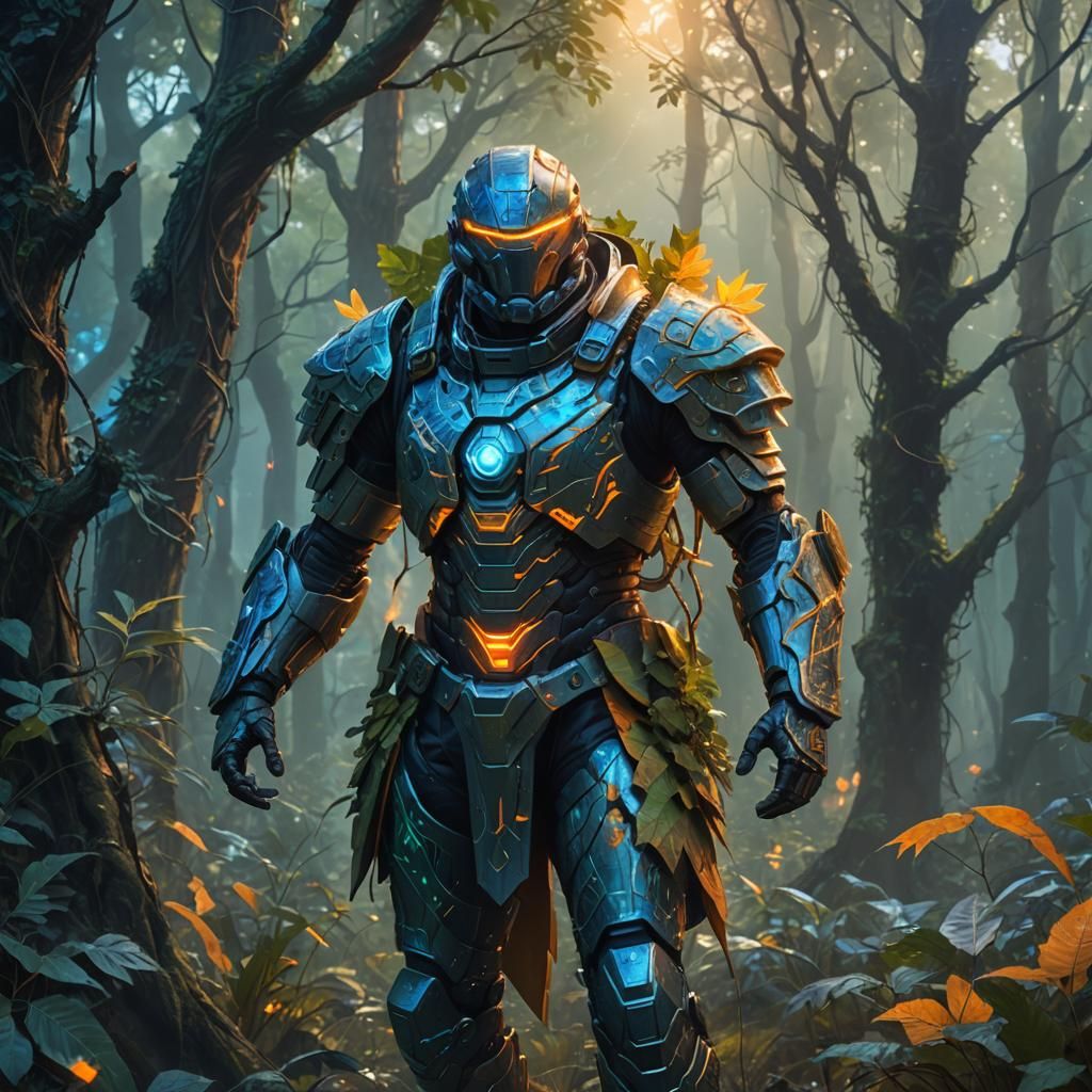 Futuristic Soldier in Mystical Forest, Digital Painting