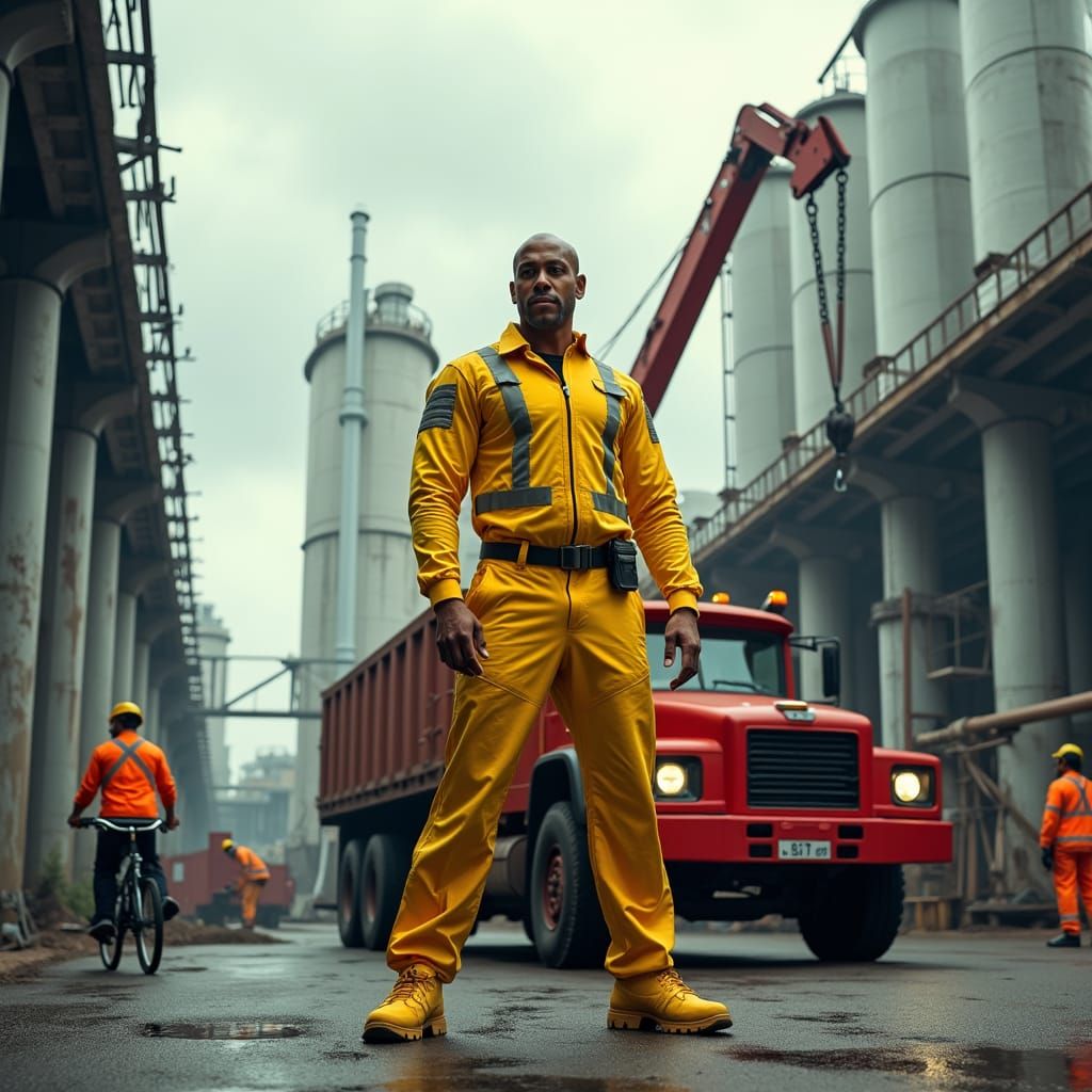 Superhero in Industrial Landscape, Gritty Illustration
