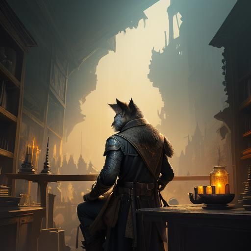 Mystical Antique Shop Showdown: Man, Cat, and Gun