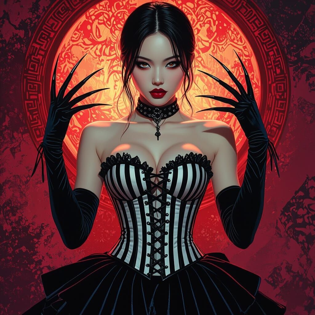 Asian Woman in Corset, Hyperrealistic Splash Art