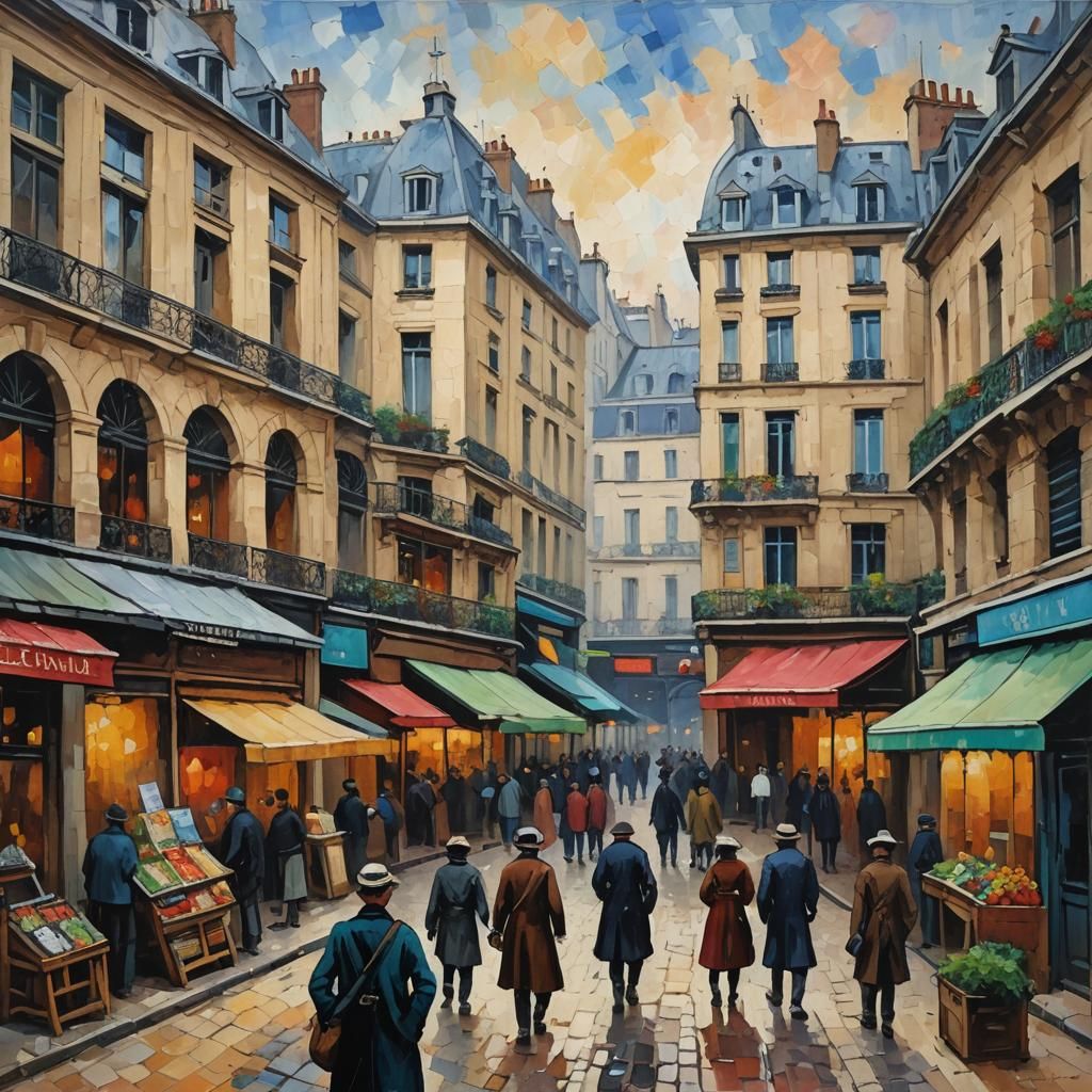 Paris Market, 1880s: Neo-Impressionist Oil Painting