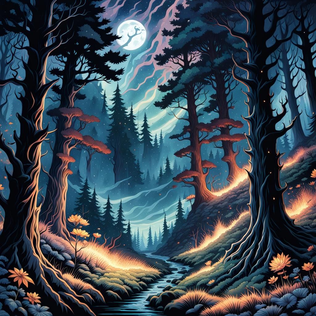 Dark Forest Landscape in Soft Watercolor Style