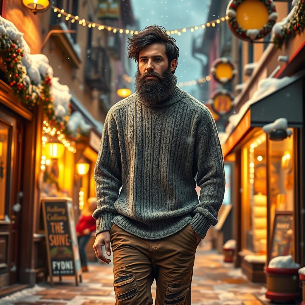 Man Strolls Through Vibrant Winter Cityscape in Cyberpunk-In...