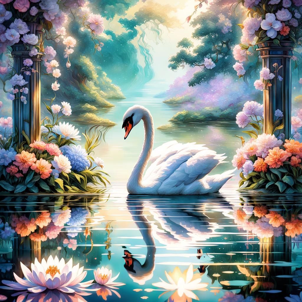 Swan Lake Reflection in Psychedelic Holographic Art