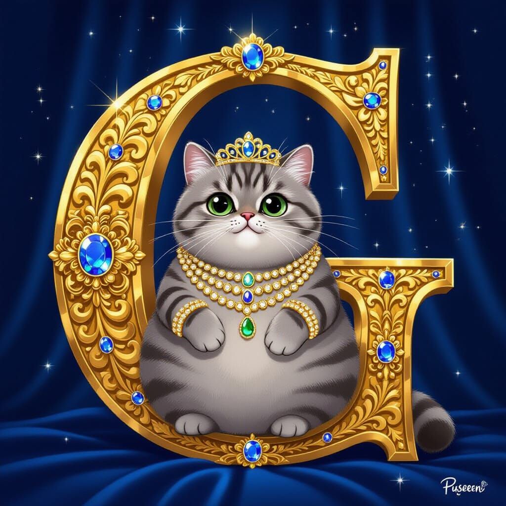 Pusheen Cat in Golden Jewelry on Ornate Letter G