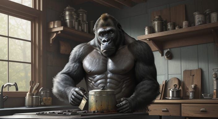 Gorilla Emerges from Distressed Tin Can in Cozy Kitchen