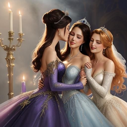 Princesses' Ballroom Embrace in Ethereal Fantasy Style