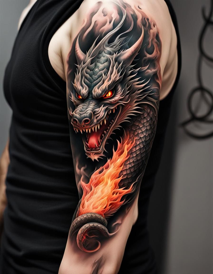 Intimidating Dragon-Wolf Tattoo in Japanese Style