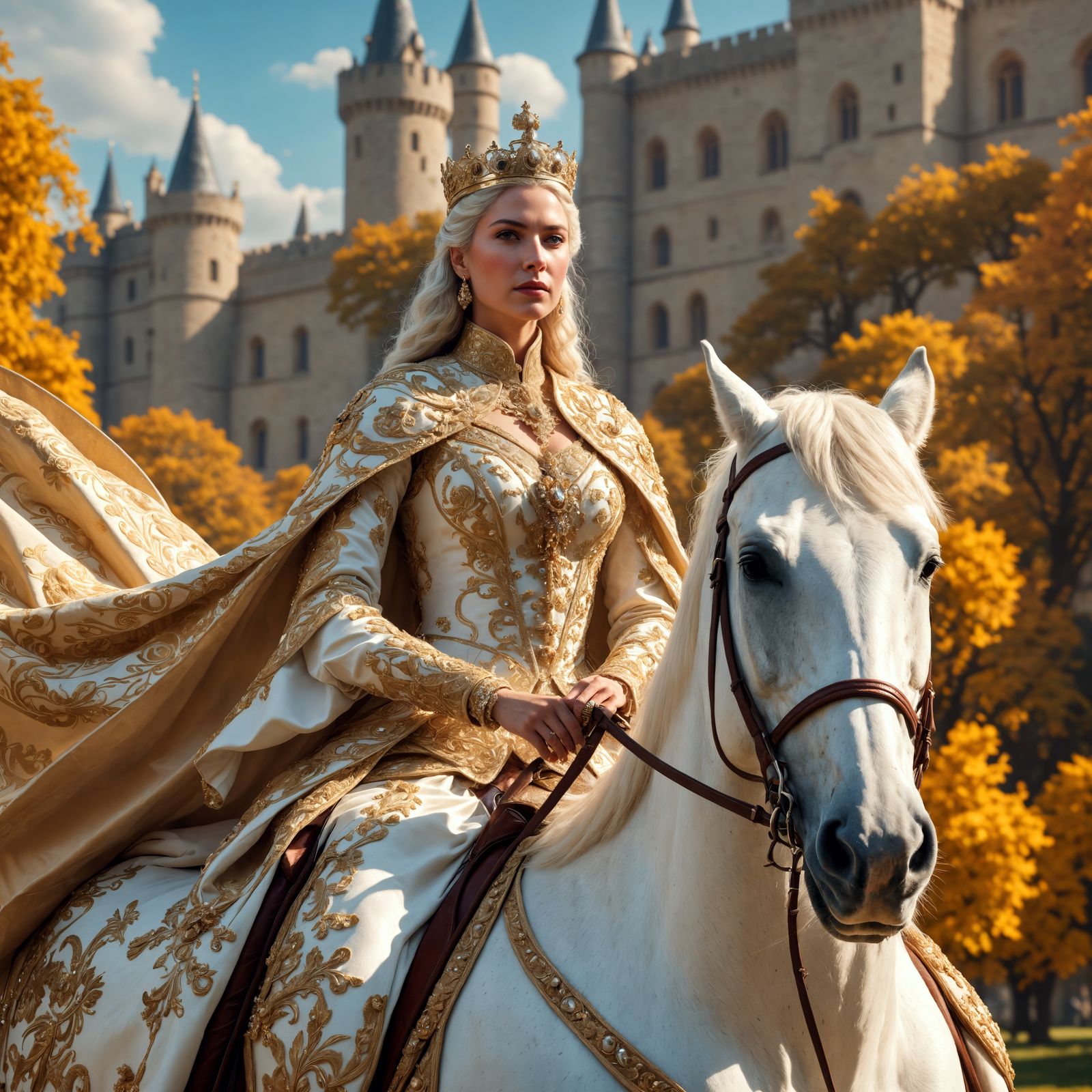 Queen on White Horse in Royal Attire