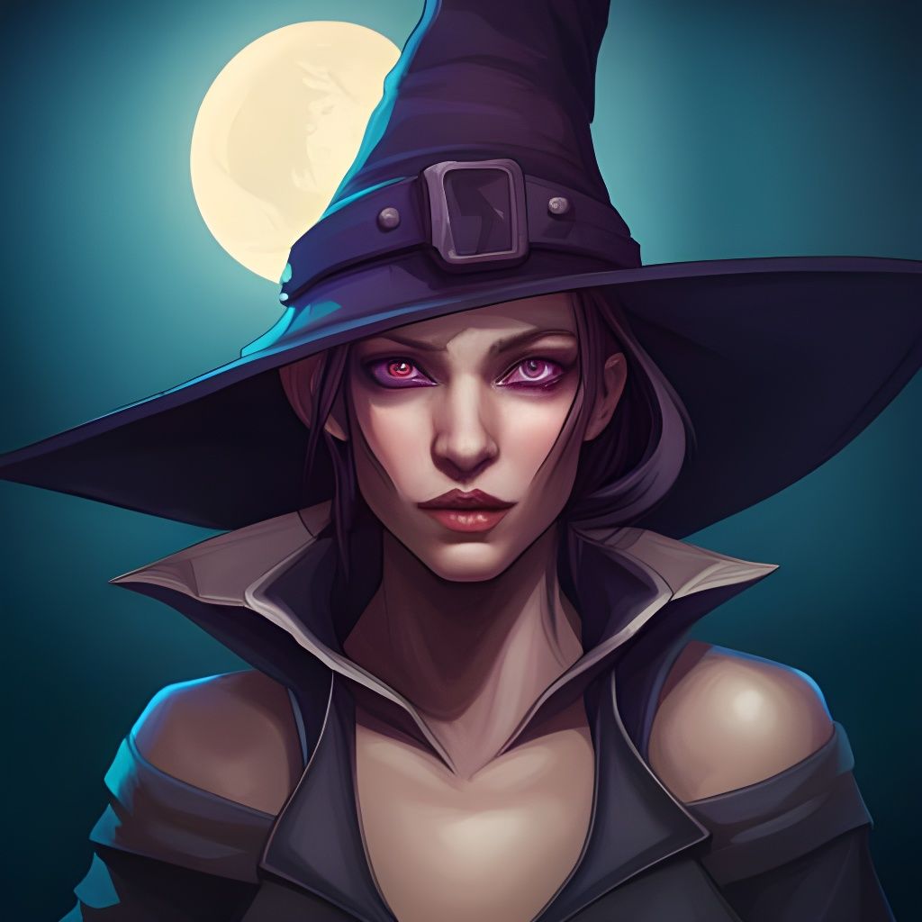 Witch Portrait with Purple Hat, Detailed Digital Art