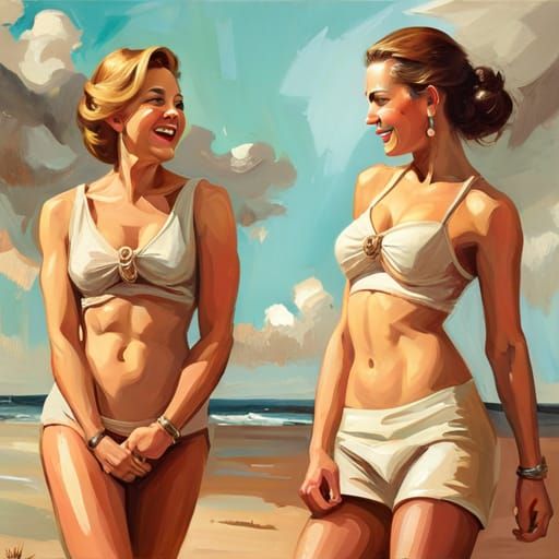 Happy Blonde with Girlfriend: Expressive Oil Painting