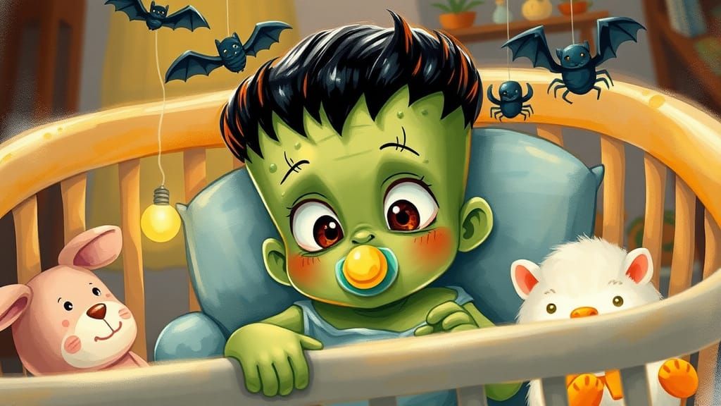 Adorable Baby Frankenstein in Whimsical Gothic Nursery