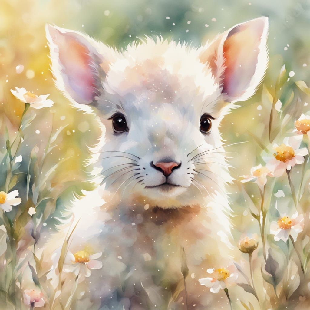 Whimsical Watercolor Baby Animal in a Floral Field