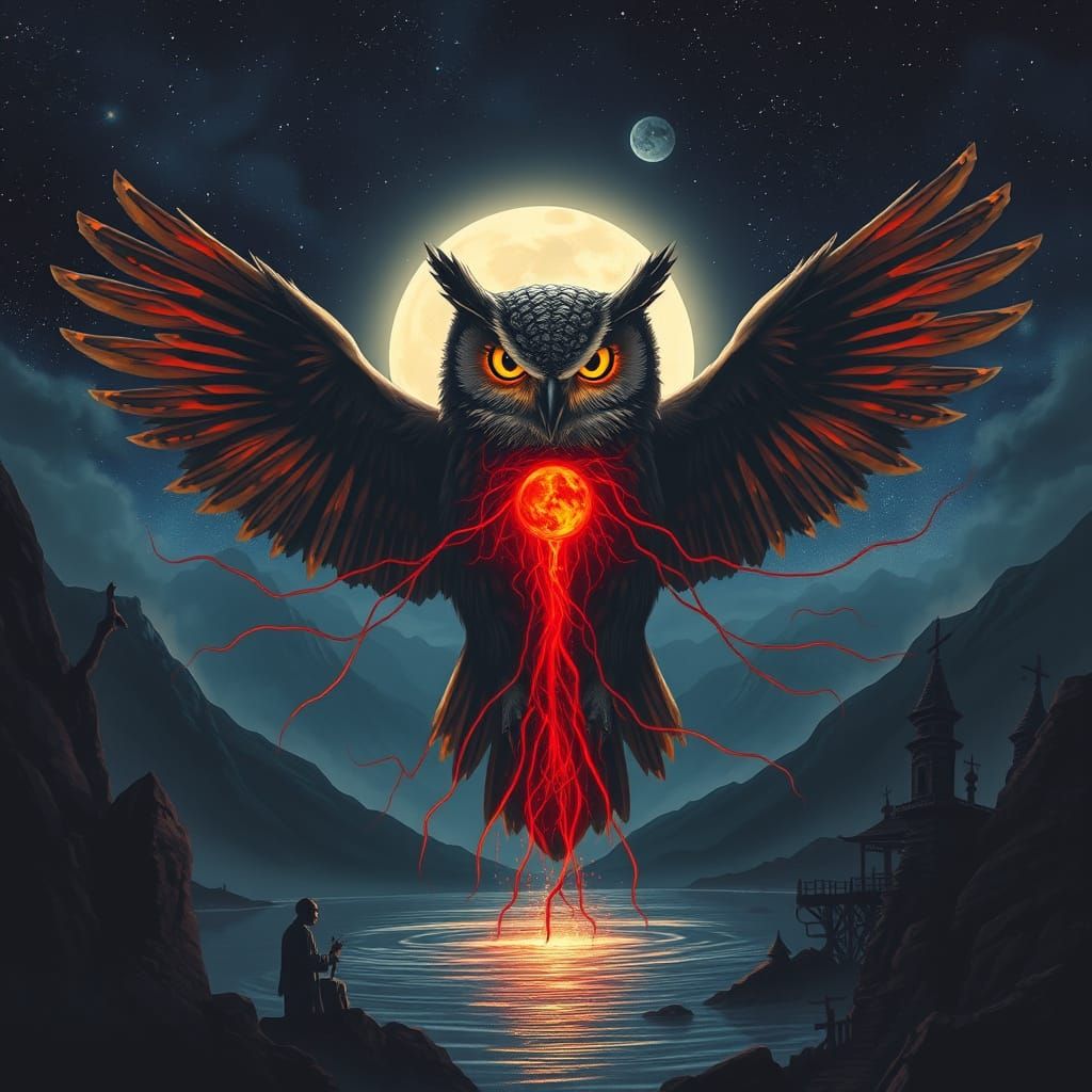 Menacing Owl Figure Illuminates Cosmic Night Sky in Orange G...