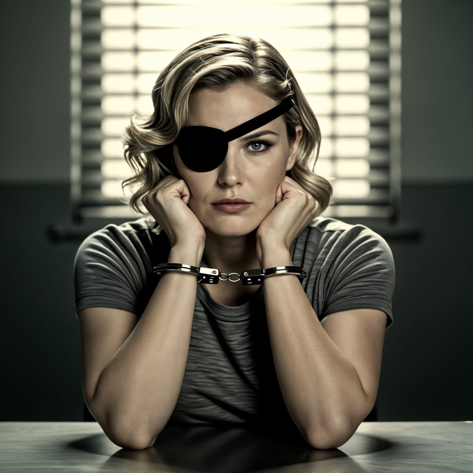 Film Noir Portrait: Woman with Eyepatch in Handcuffs