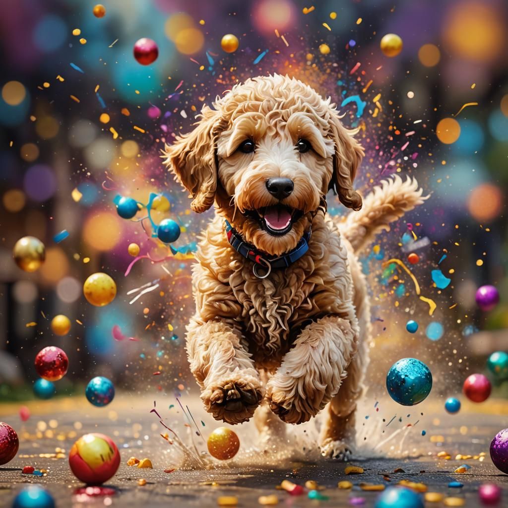 Hyperrealistic Golden Doodle Running with Toy