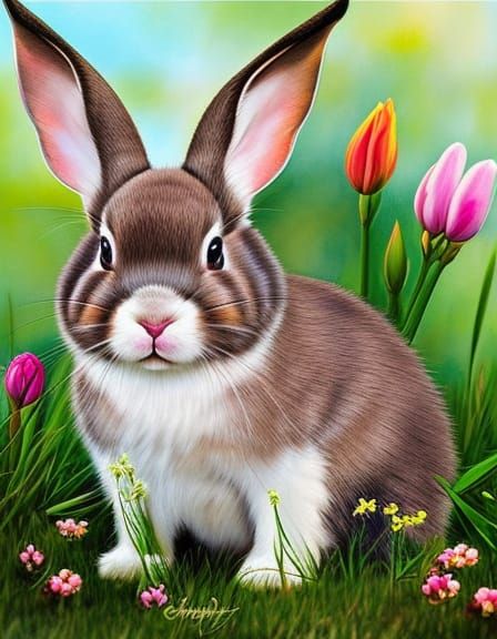 Chubby Lop-Eared Rabbit in Rococo Flower Garden