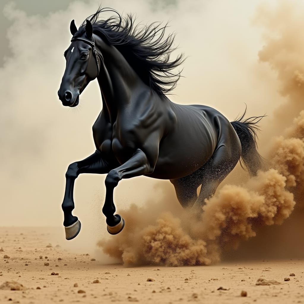 Black Horse Gallops Through Sandstorm in Dramatic Art
