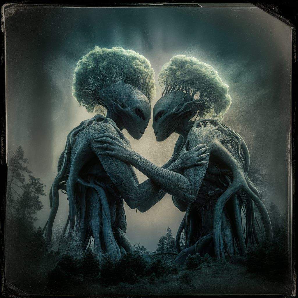 Bioluminescent Alien Trees Embrace in Ethereal Forest