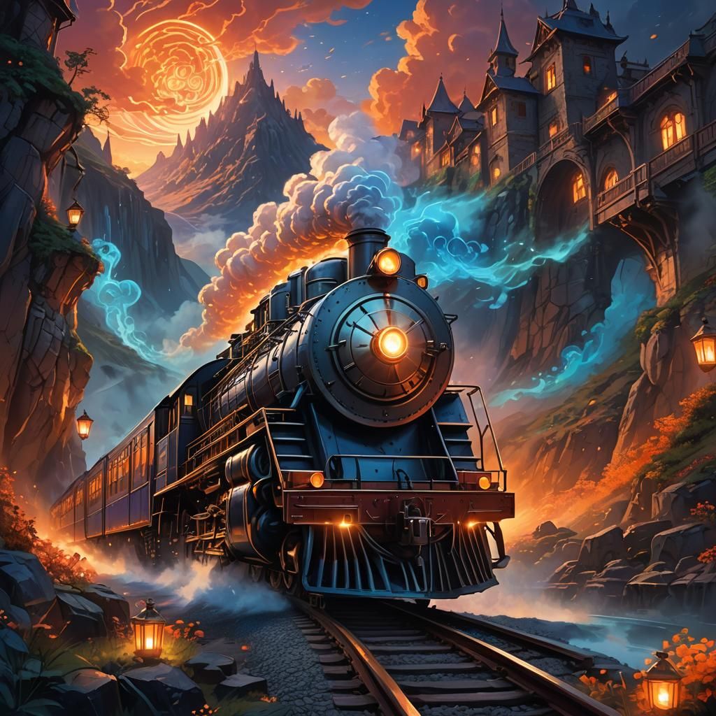 Majestic Fantasy Train Speeding Through Mystical Landscape