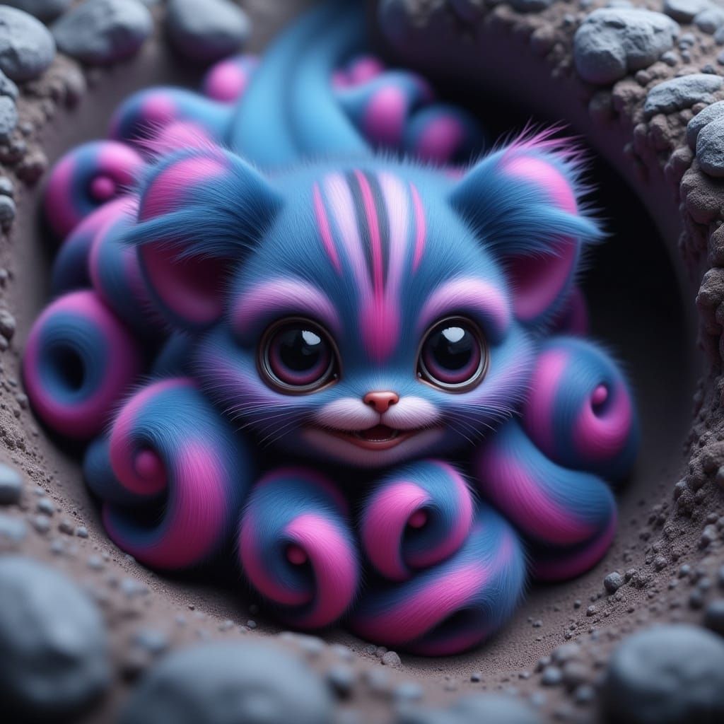 Tiny Fluffy Creature with Neon Stripes and Watery Eyes