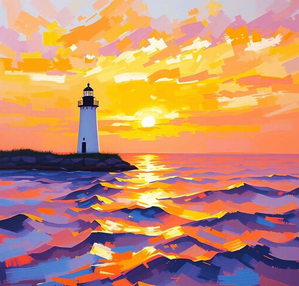 Impressionist Lighthouse Painting at Sunset