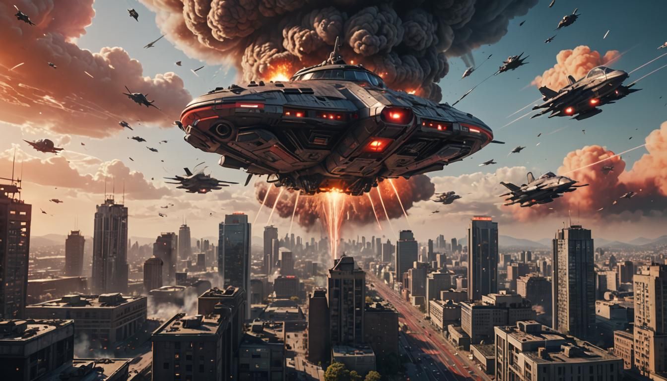 Epic Alien Invasion Over City Skyline