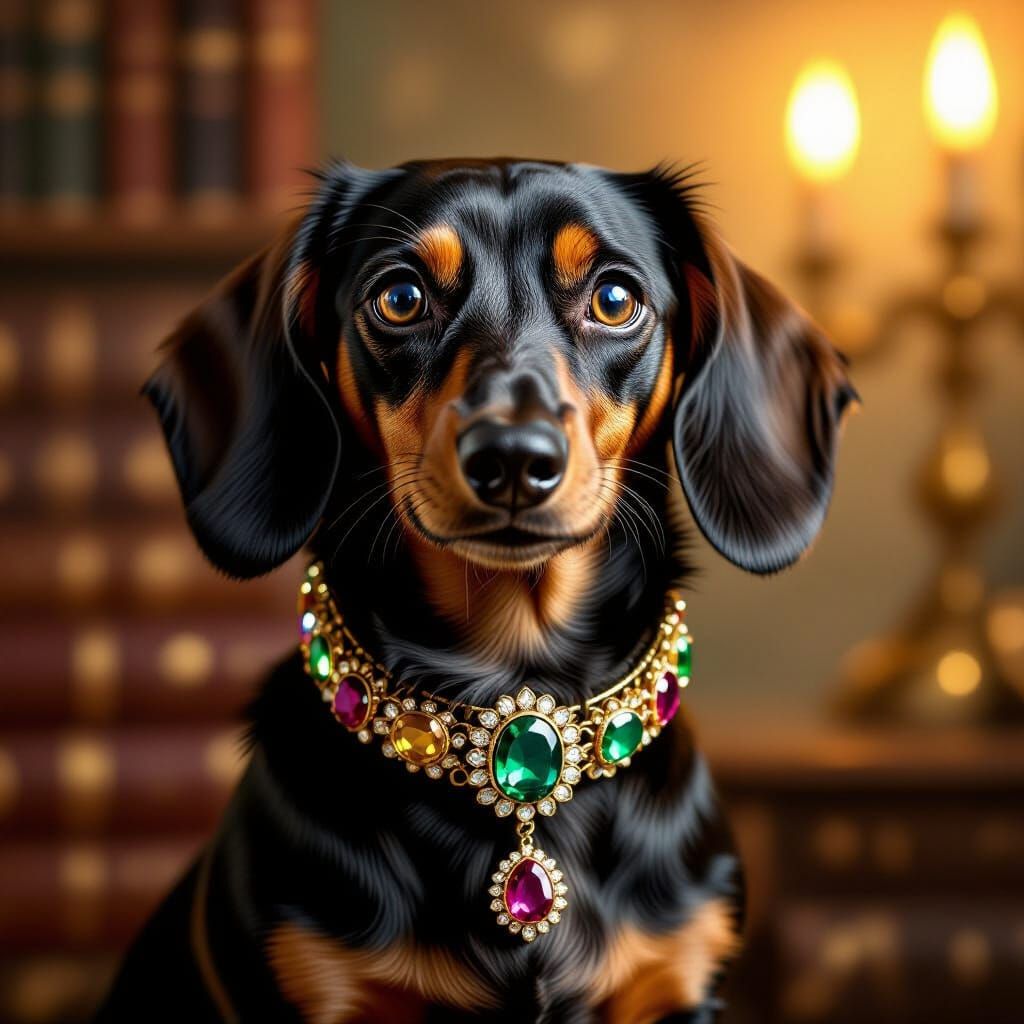 Dachshund Portrait with Jeweled Collar in Baroque Style