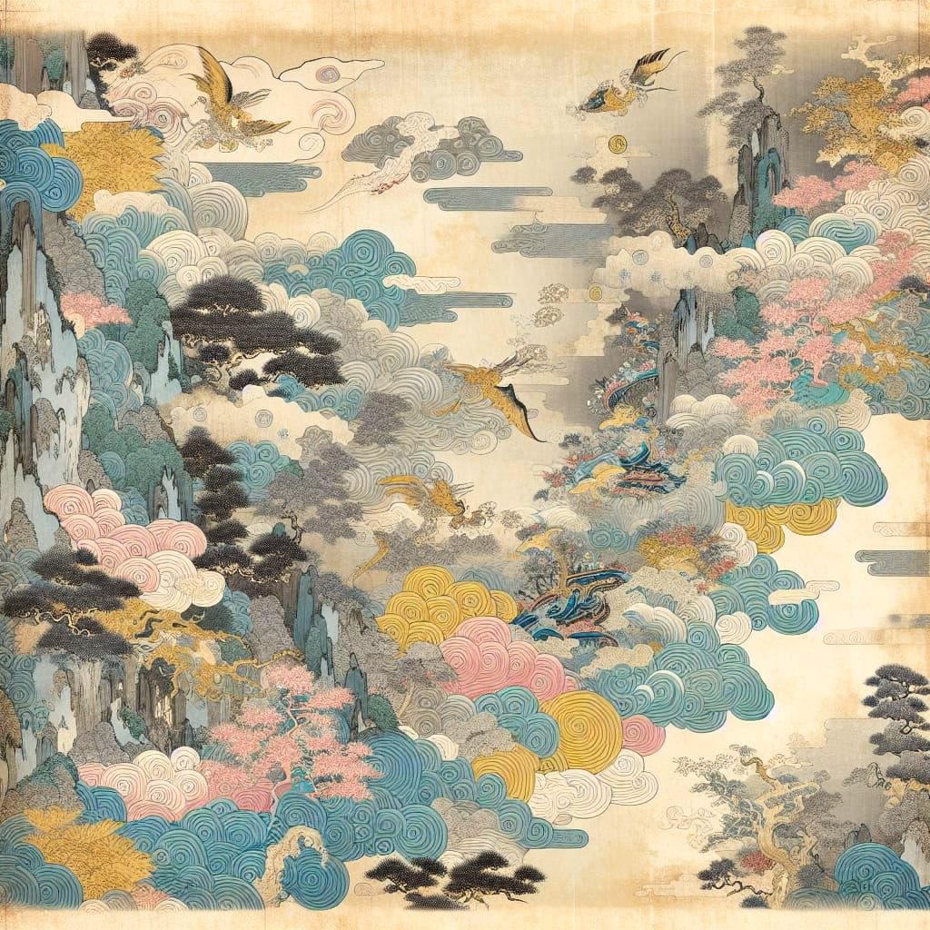 Delicate Ukiyo-E Style Japanese Landscape Painting in Soft H...