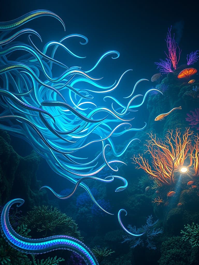 Ethereal Eel Swarm Unfurls in Iridescent Harmony