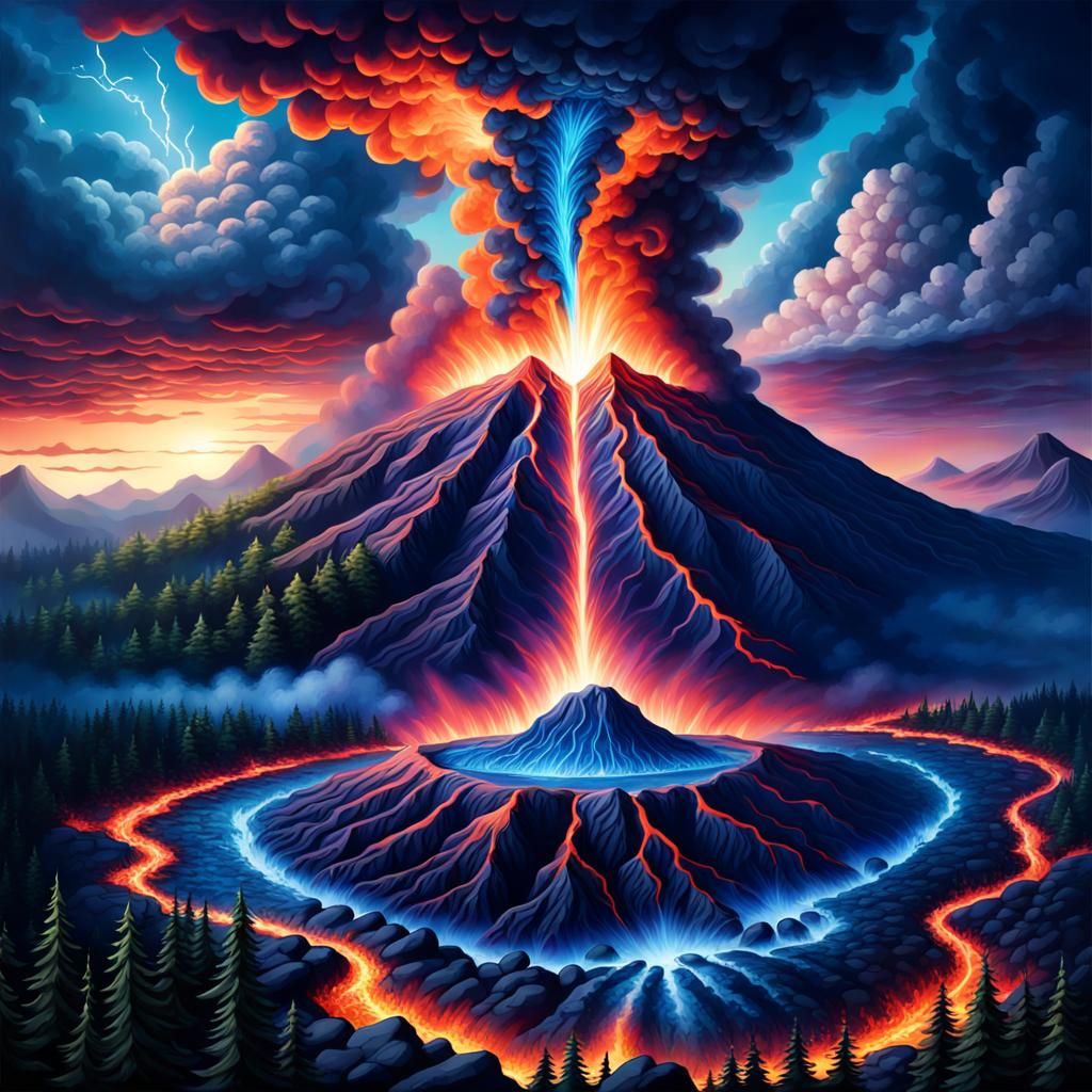 Blue Lava Volcano Eruption: Hyperdetailed Airbrush Art