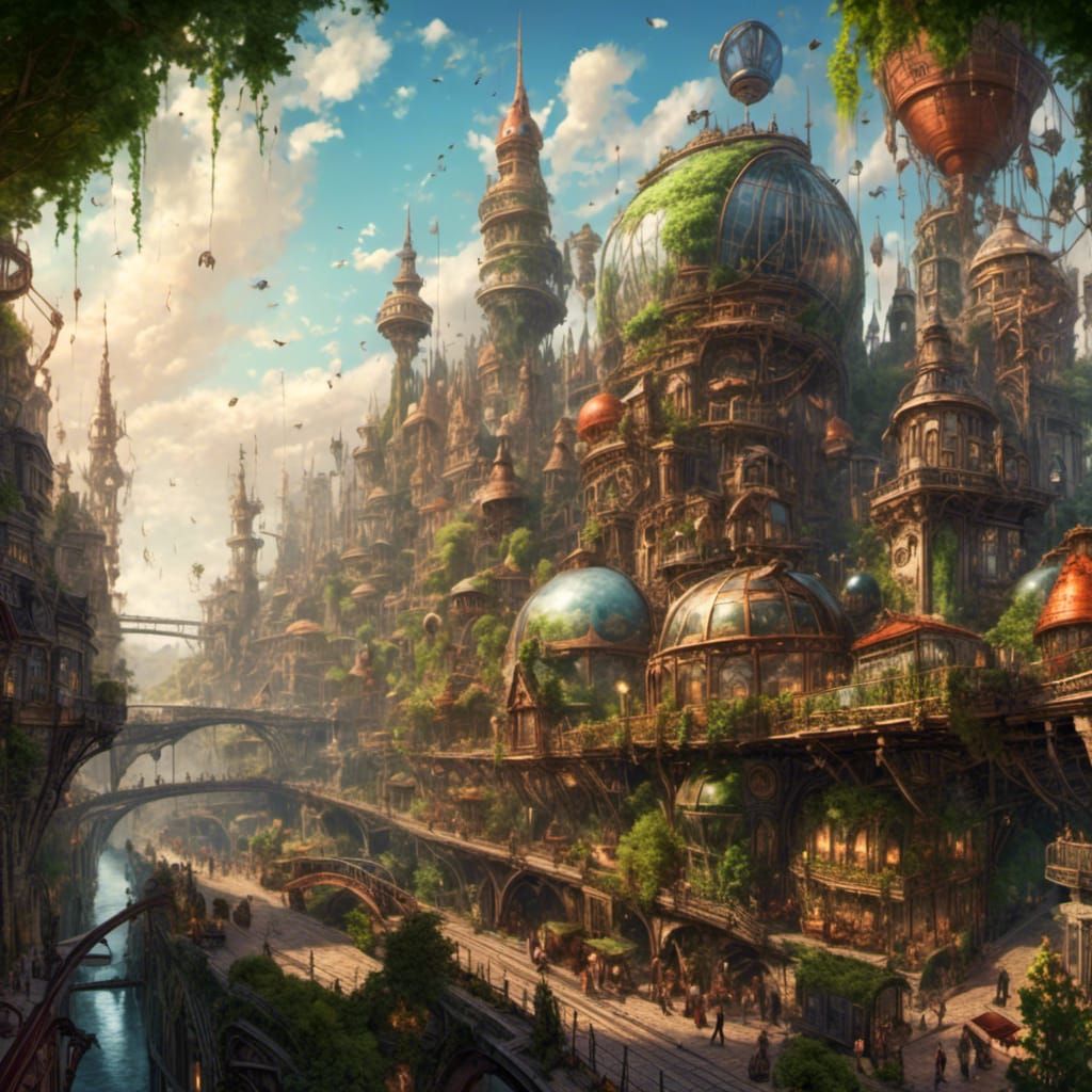 Steampunk City Vista with Greenhouses and Clock Tower
