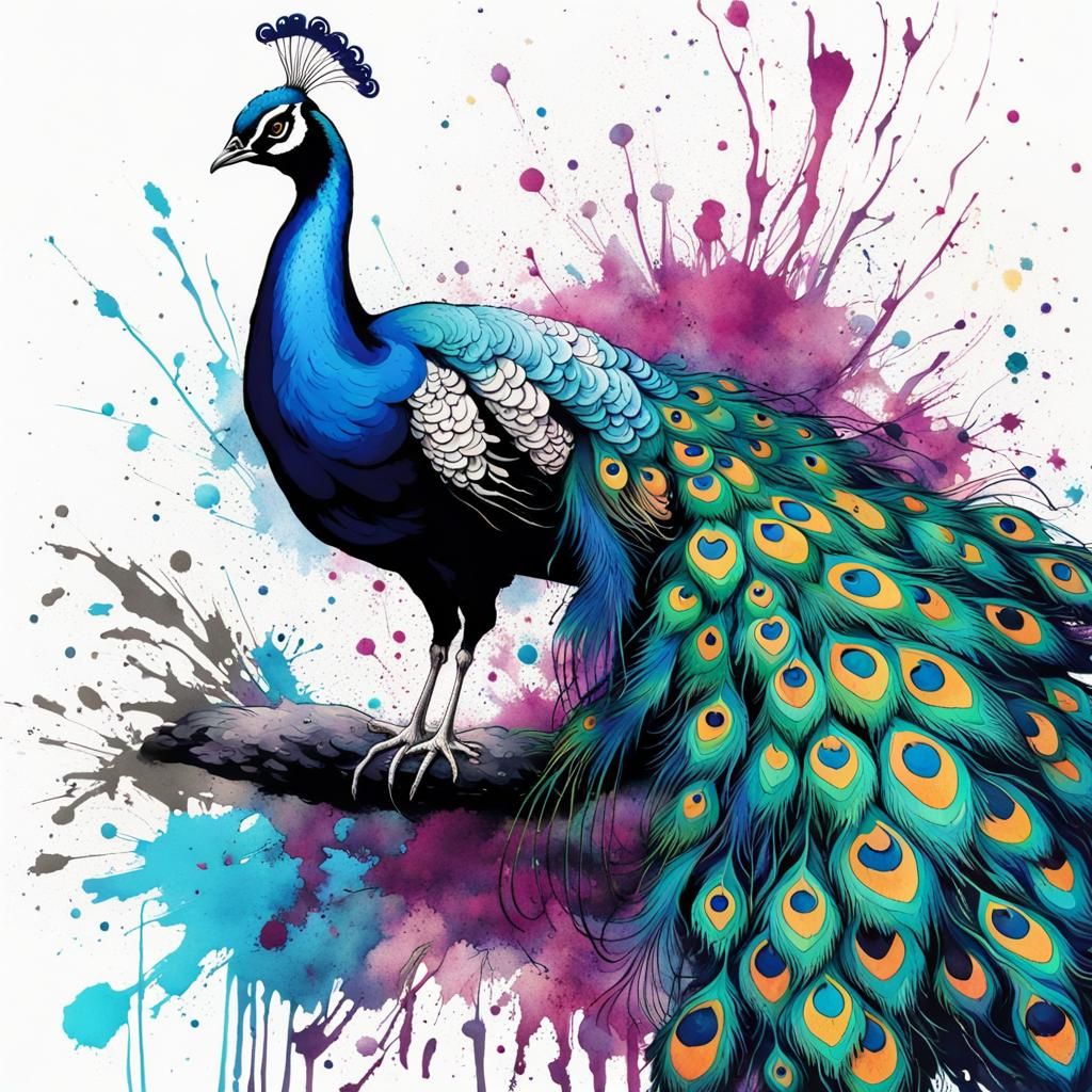 Hyper Detailed Ink Splatter Peacock Art