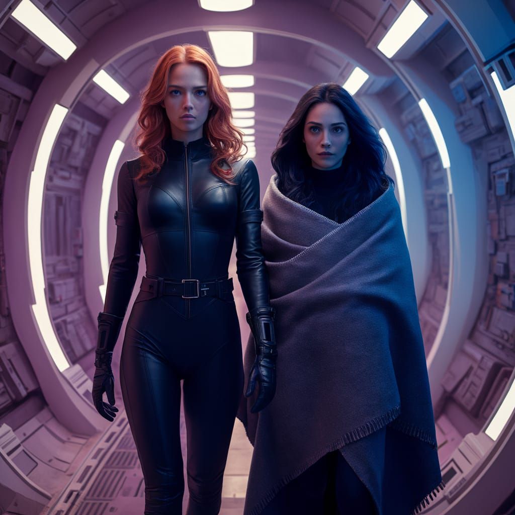 Redhead in Bodysuit on Spaceship, Holographic Astral Illustr...