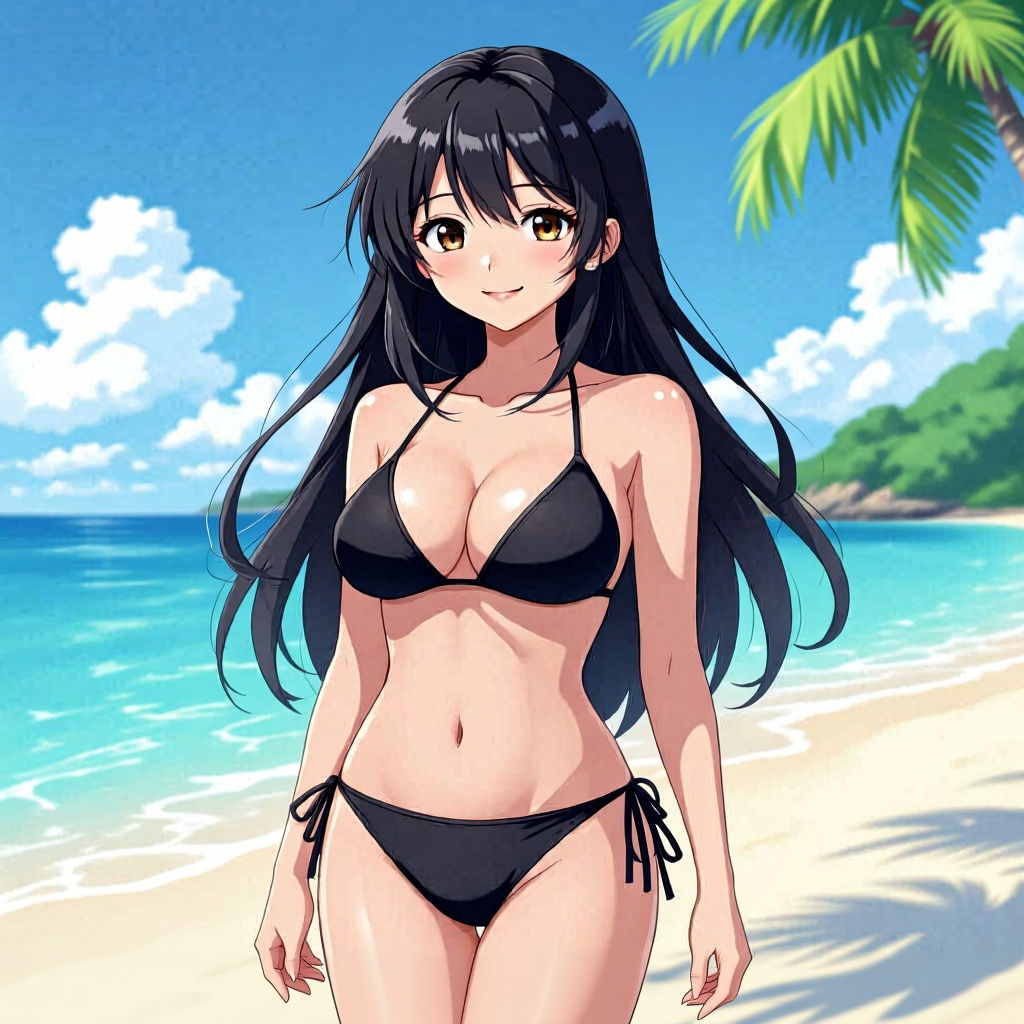 Anime Girl in Black Bikini on Beach