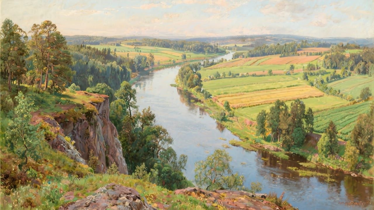 Lush River Valley Landscape in Painterly Style