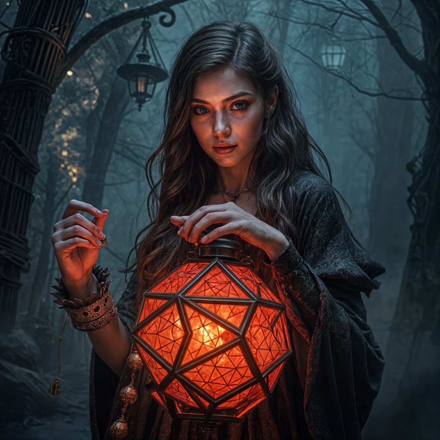 Mystical Sorceress with Red Lantern in Dark Setting