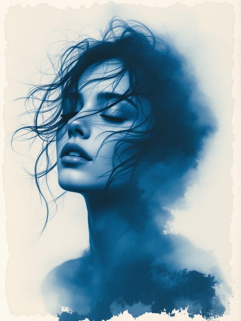 Ethereal Female Portrait in Distressed Cyanotype Style
