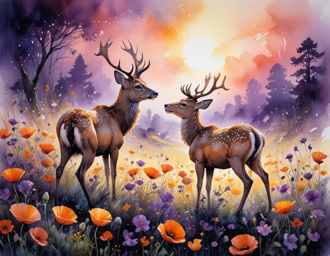 Twilight Deer in Poppy Meadow: Watercolor Digital Art