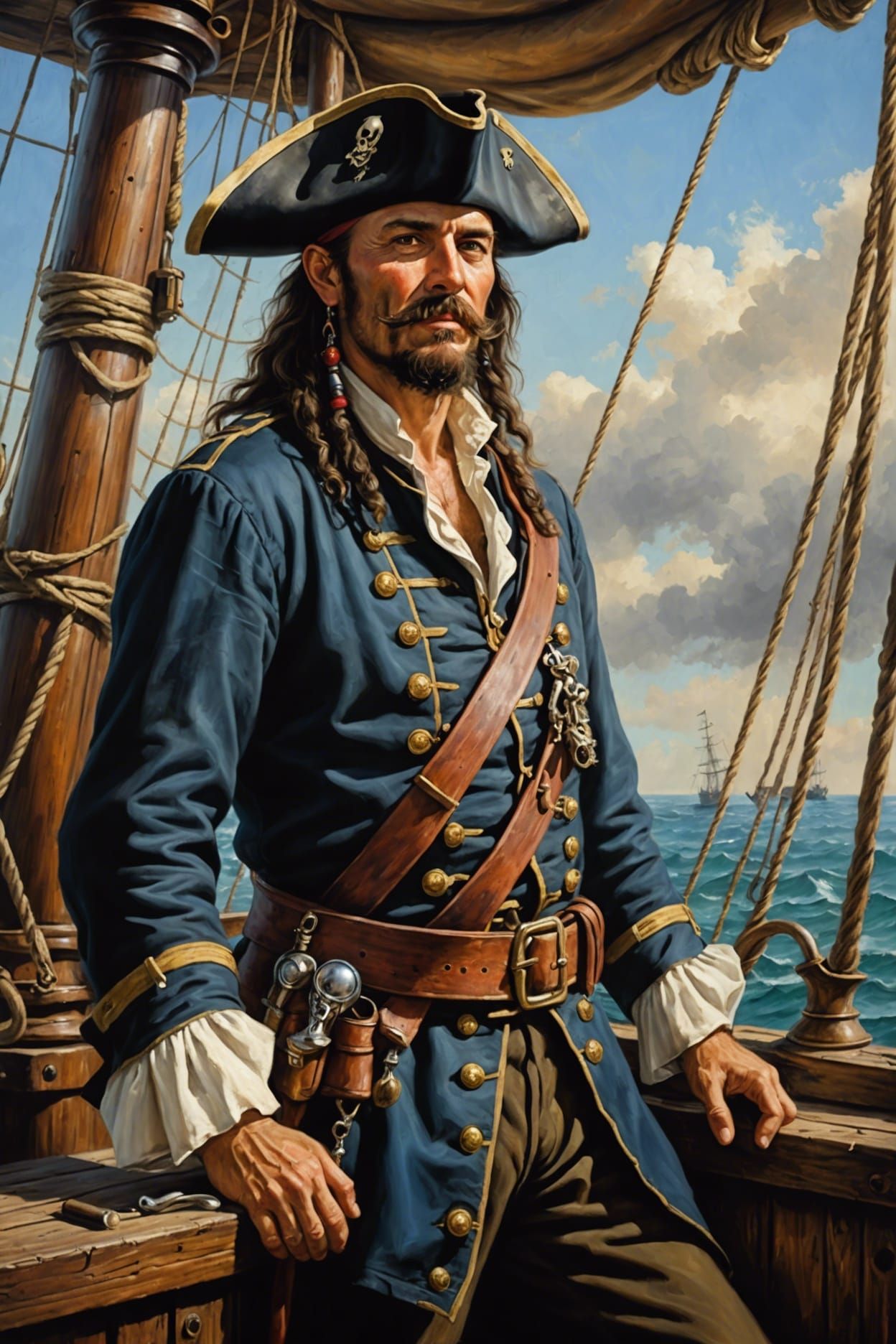 Pirate Captain on Sailing Ship: Realistic Oil Painting