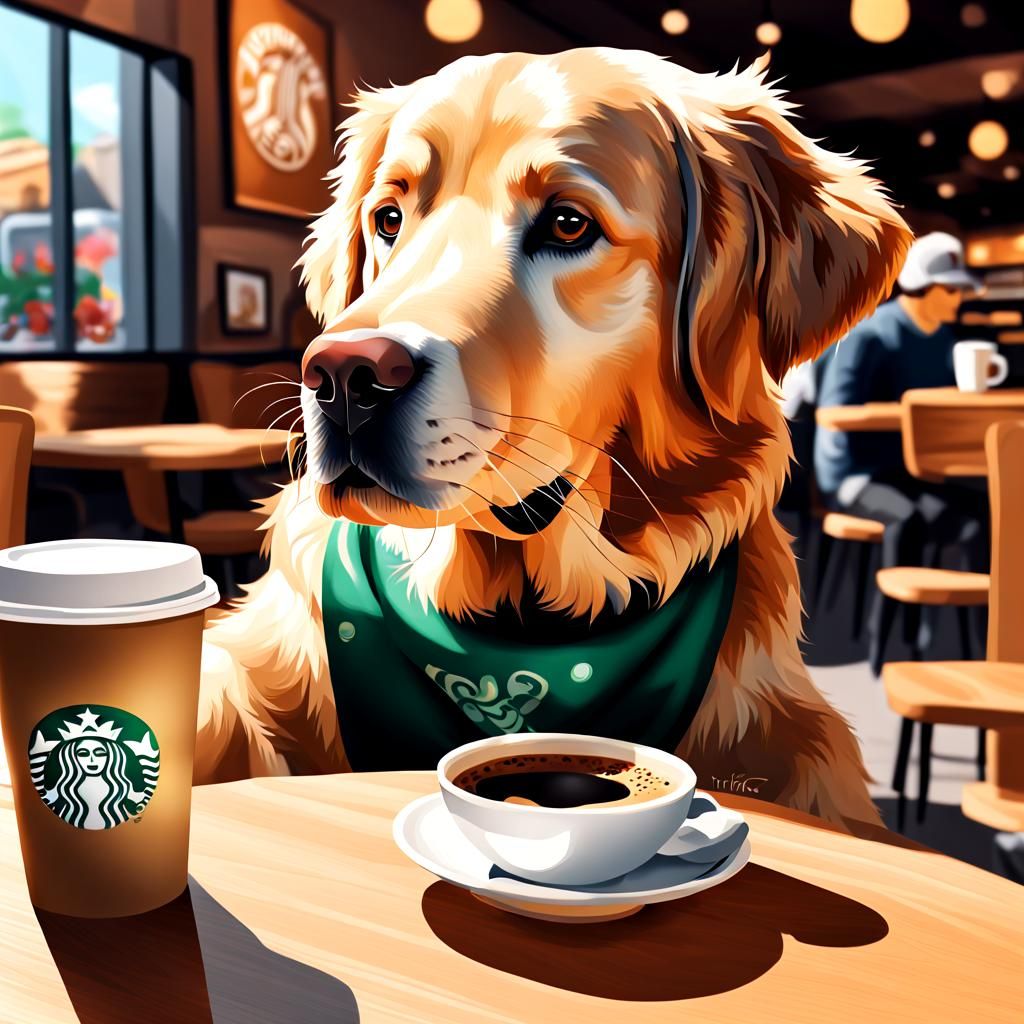 Retriever Drinks Coffee: Hyperrealistic Splash Art