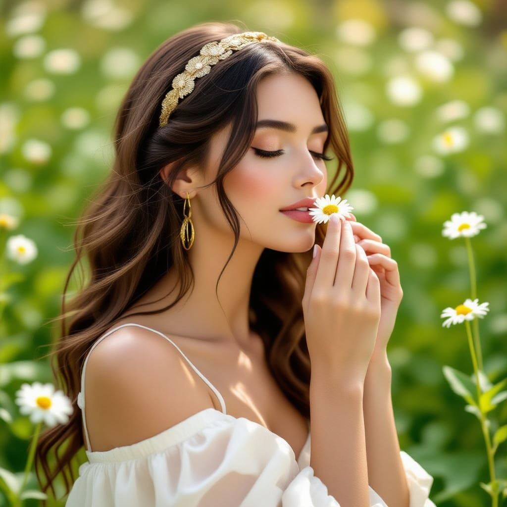 Woman Smelling Daisy in Art Nouveau Style