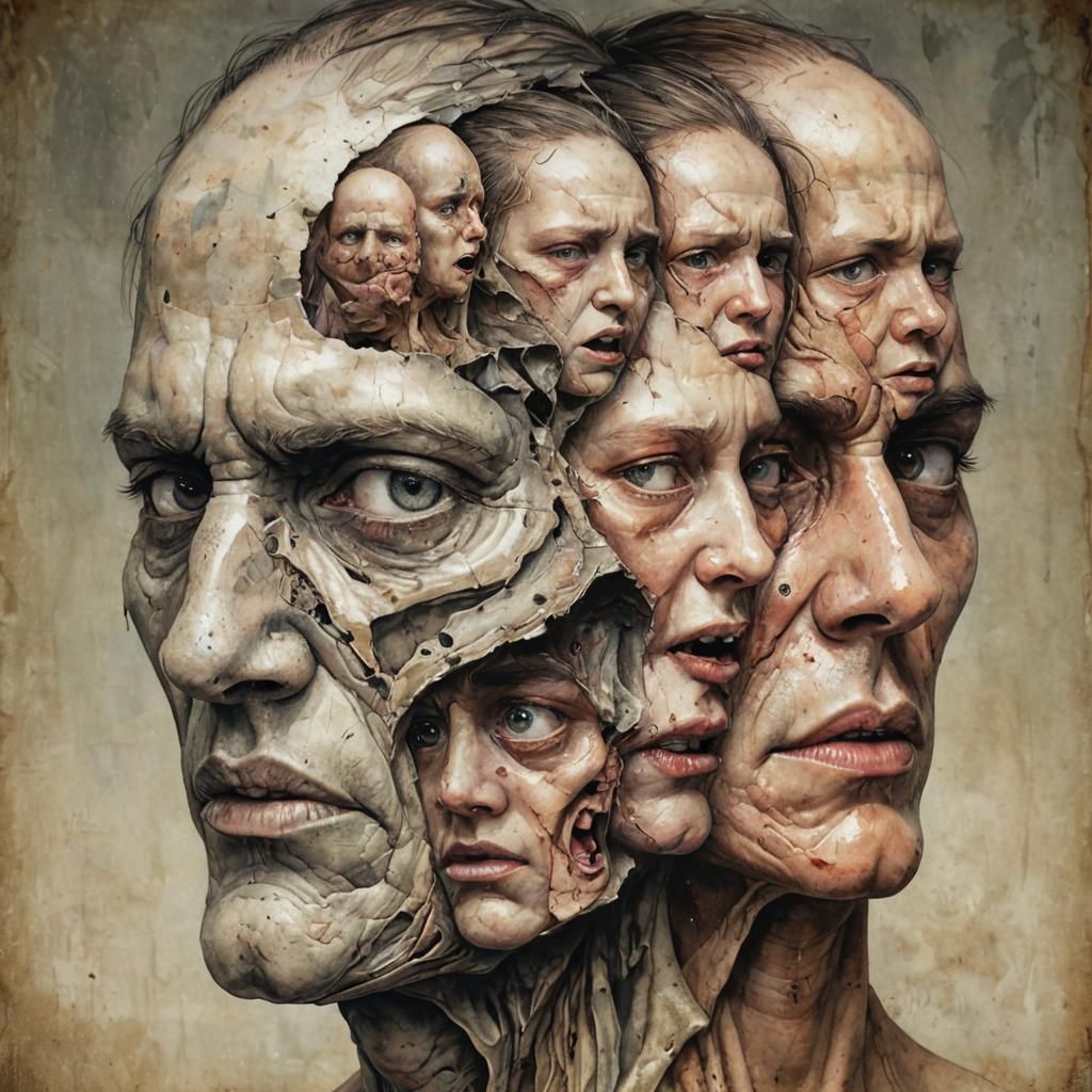 Disturbing Warped Face Illustration in Mixed Media