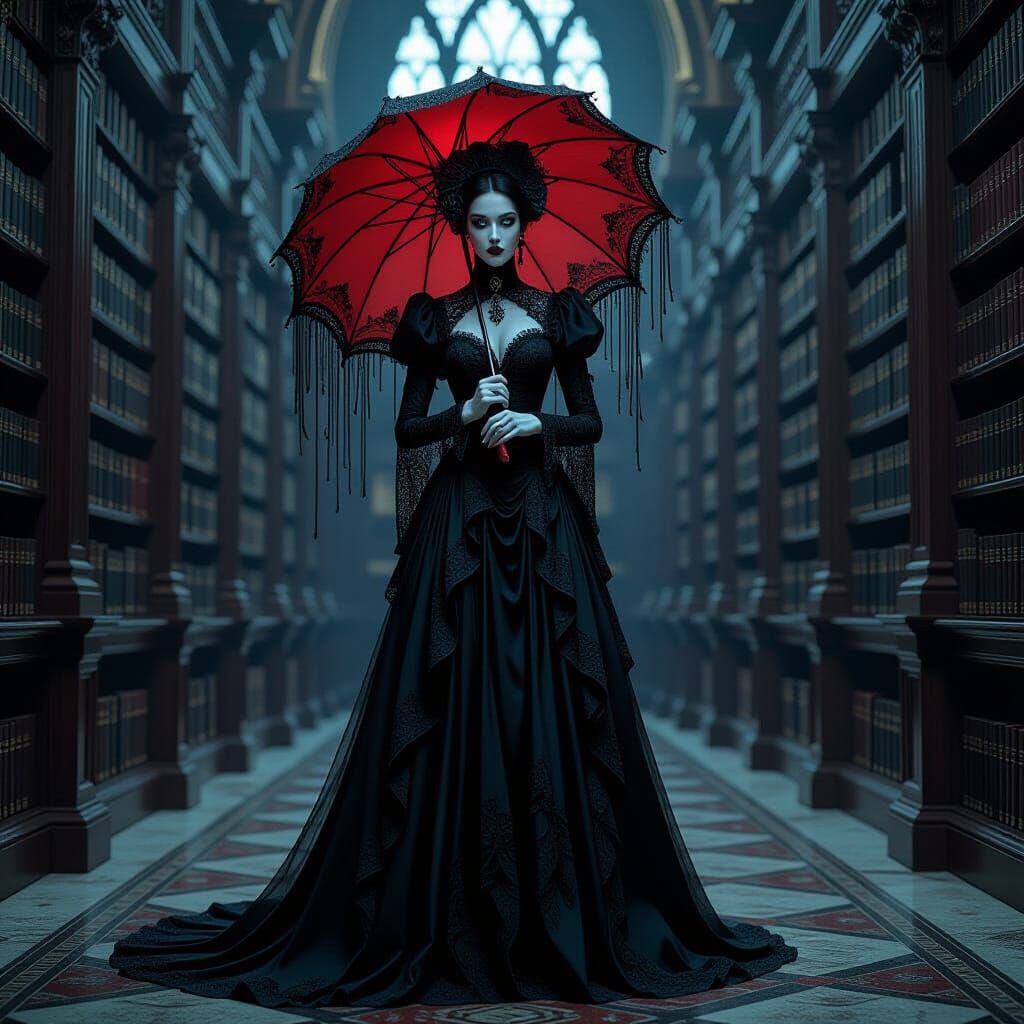 Gothic Supervillain in Grand Library: Cinematic Noir