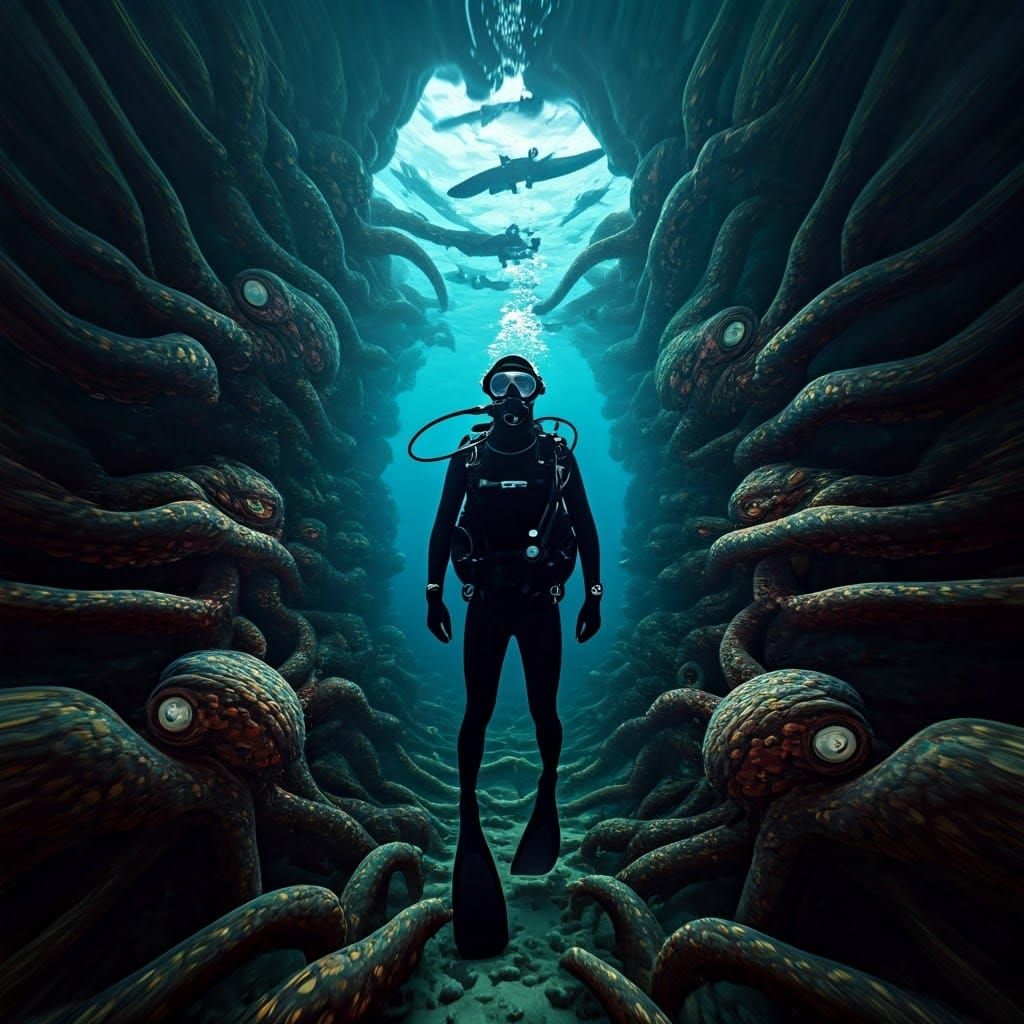 Mesmerizing Tunnel of Morphing Octopi and Diver