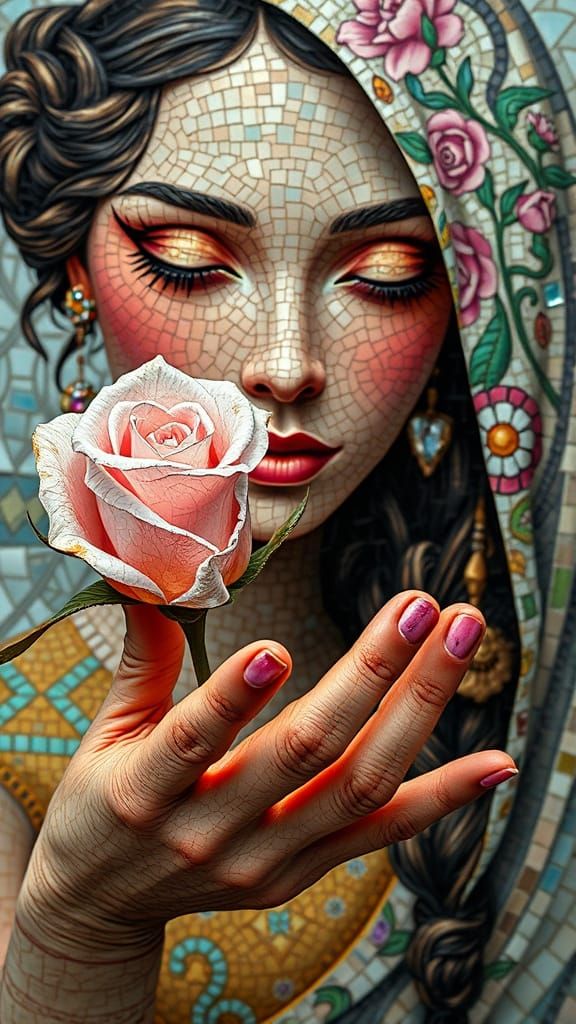 Mosaic Woman Sculpture Holding Crystal Rose