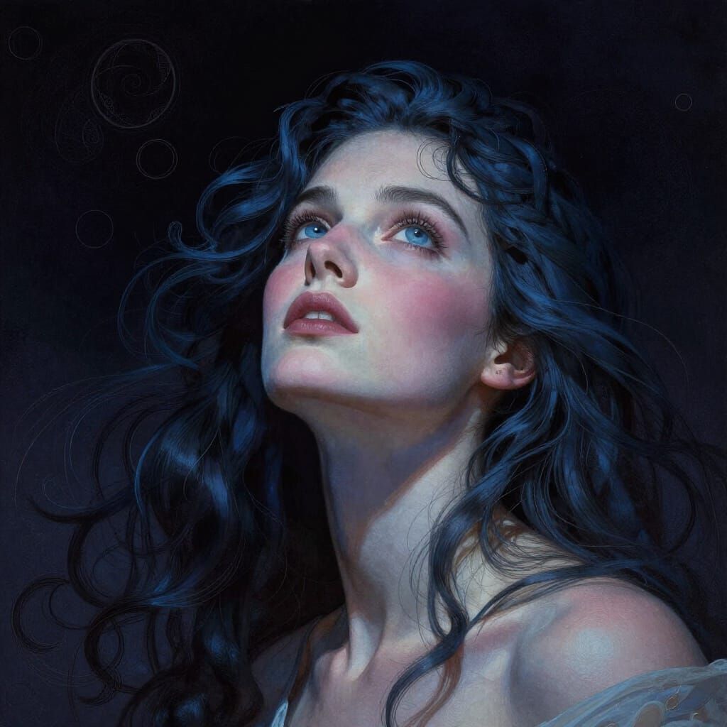 Beautiful woman gazing above, heavenly dream, delicate, intricate, sharp focus, global lighting, maroon blush and indigo